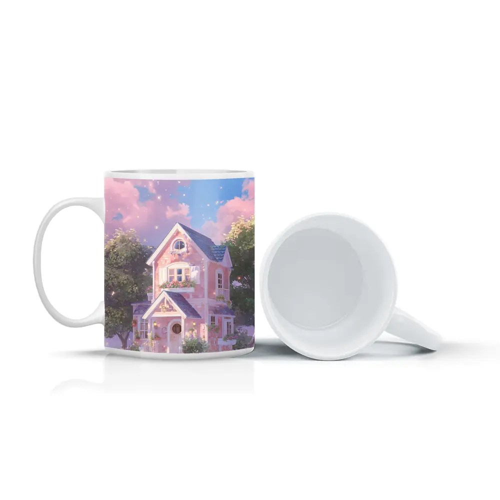 Pink Cottage House Dreamy Pastel Sky – Mugs