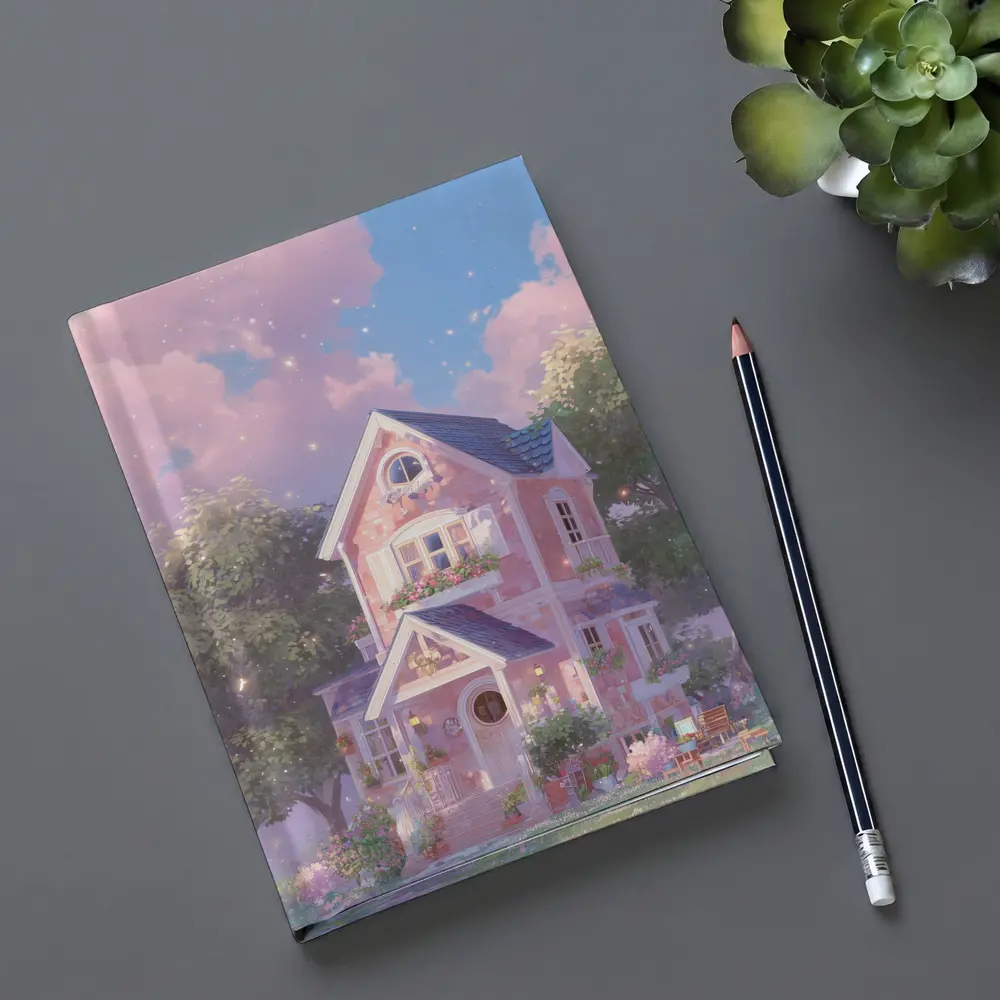 Pink Cottage House Dreamy Pastel Sky – Notebooks
