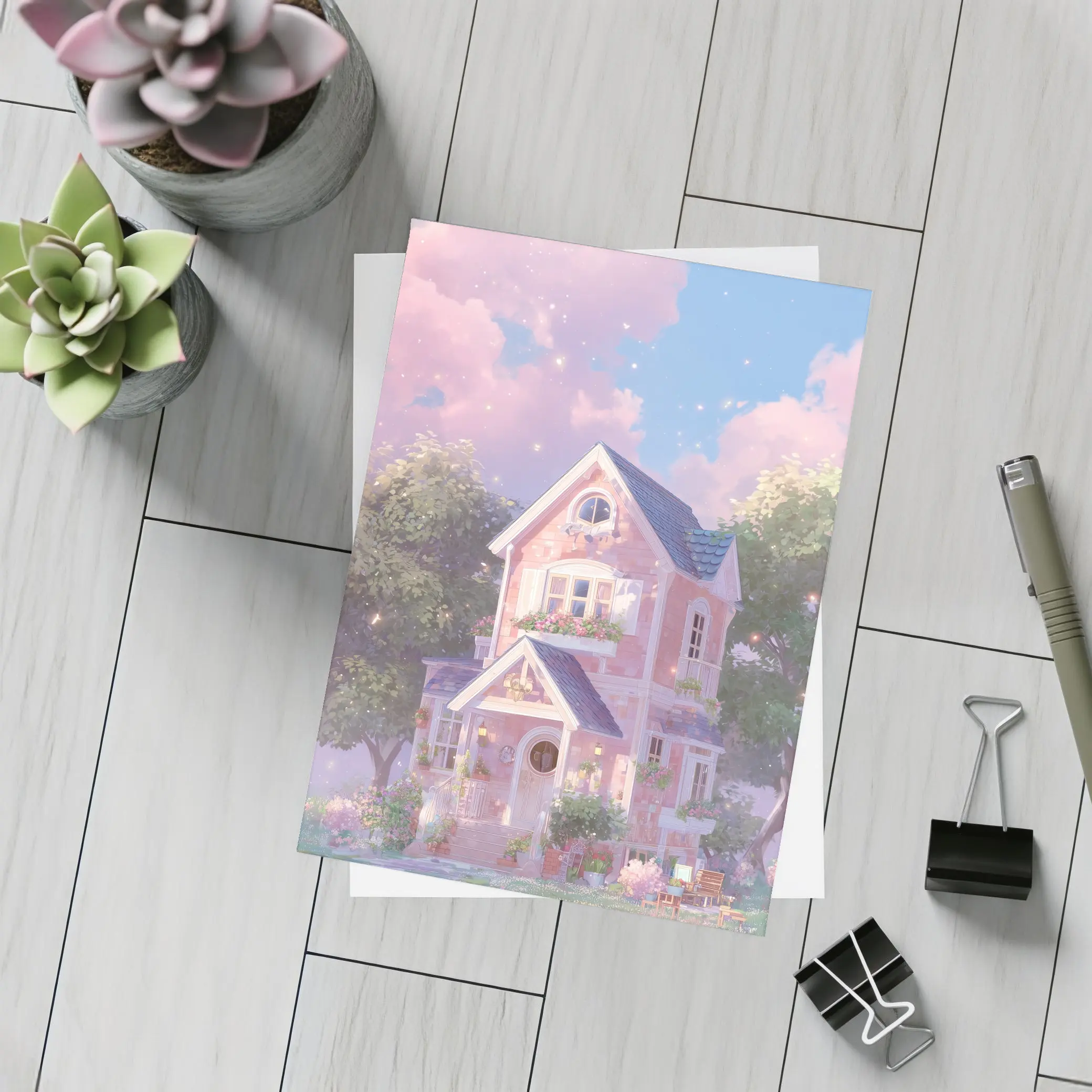 Pink Cottage House Dreamy Pastel Sky – Postcards