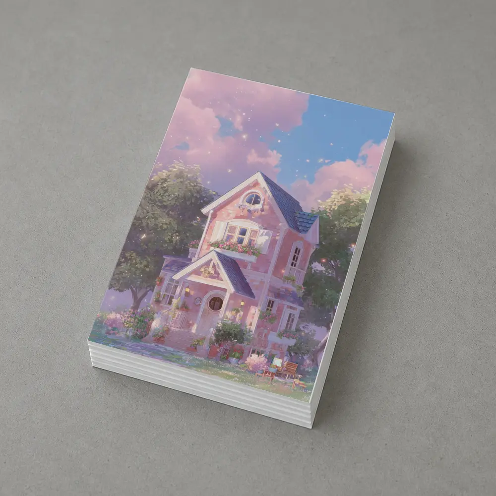 Pink Cottage House Dreamy Pastel Sky – Postcards