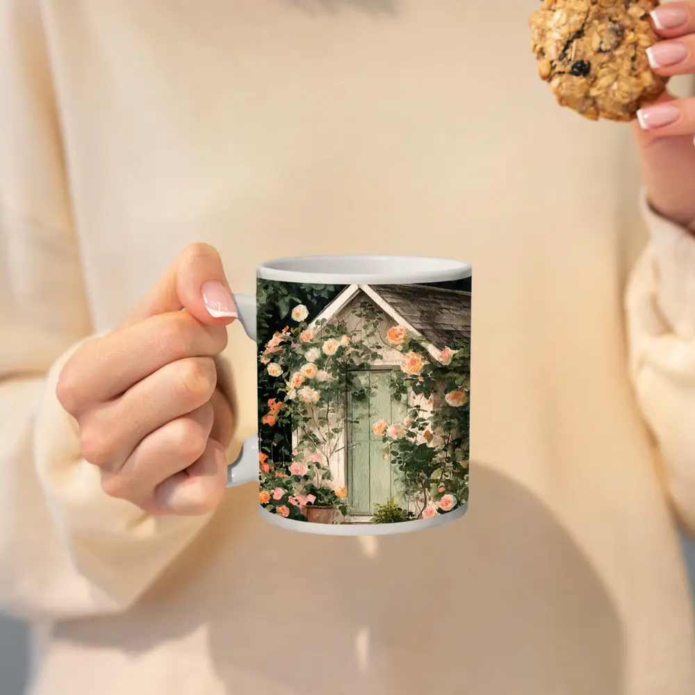 Watercolor Cottage Door Climbing Roses Garden – Mugs