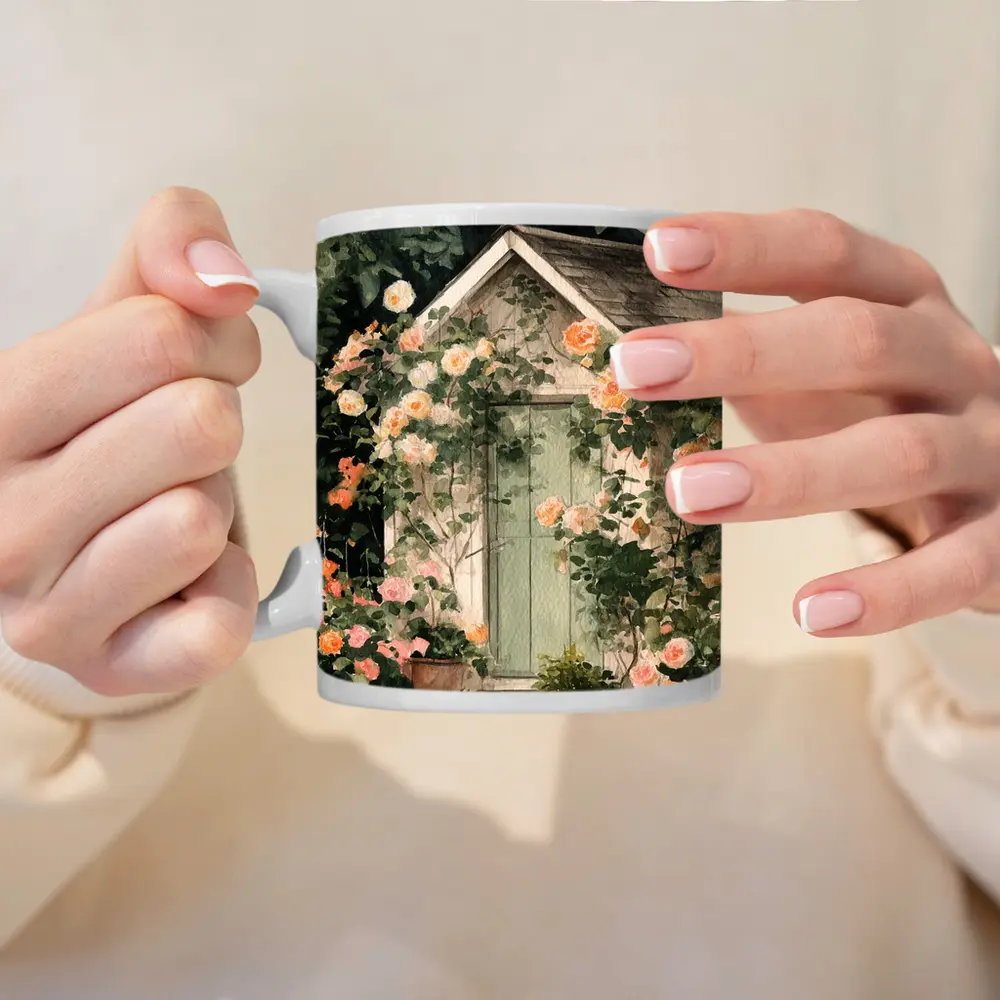 Watercolor Cottage Door Climbing Roses Garden – Mugs