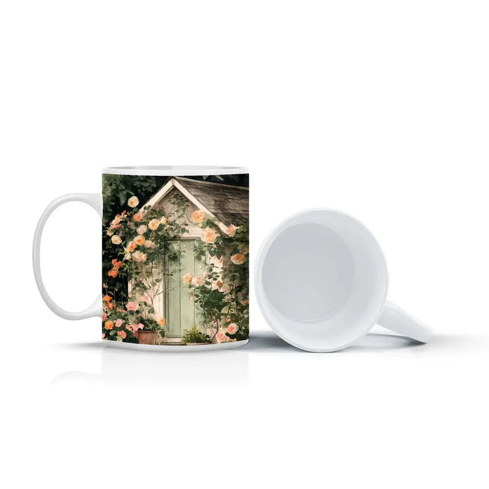 Watercolor Cottage Door Climbing Roses Garden – Mugs