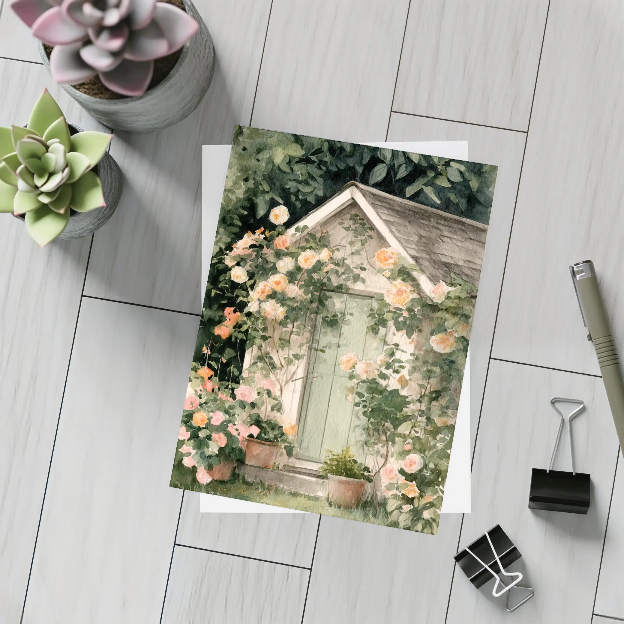 Watercolor Cottage Door Climbing Roses Garden – Postcards