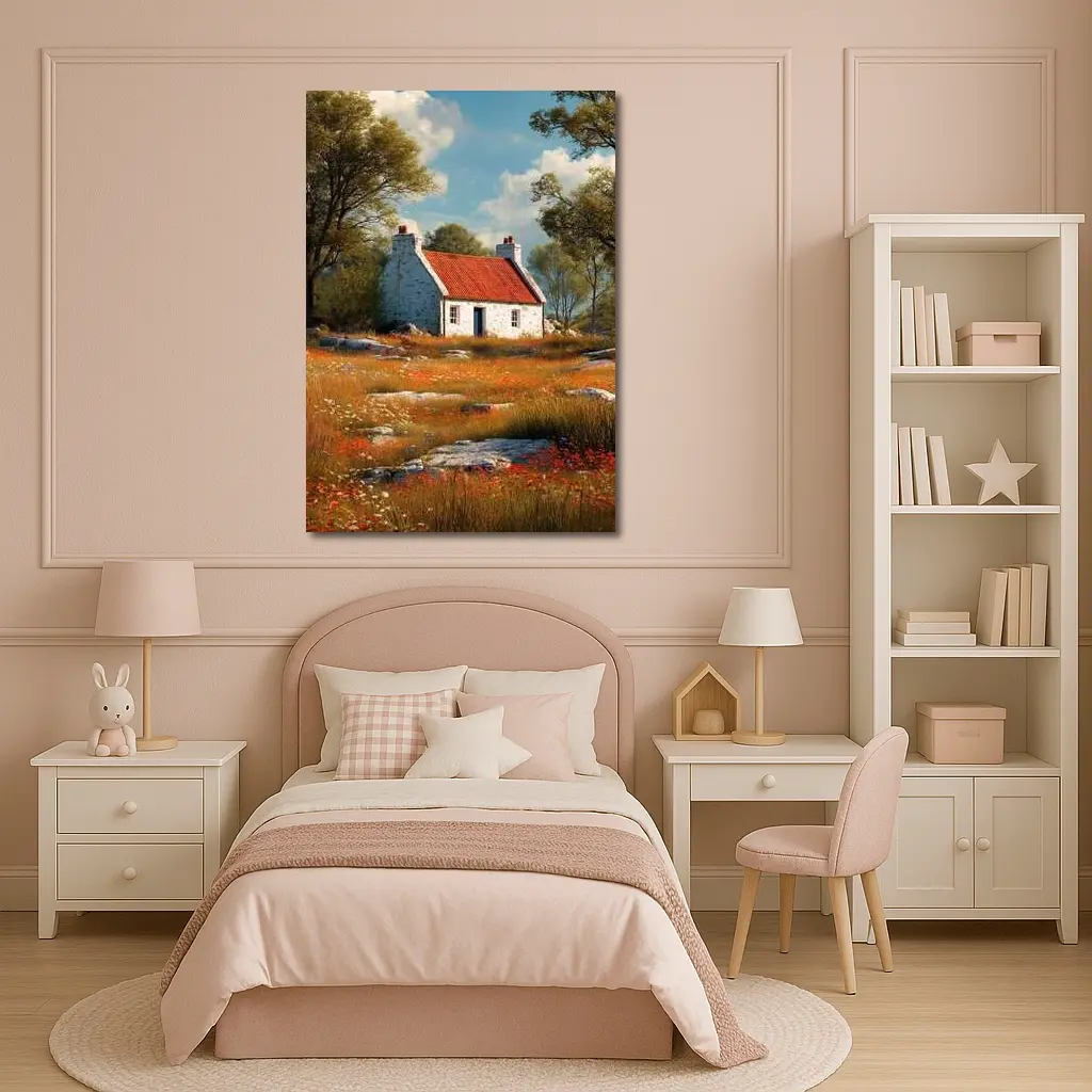 Stone Cottage Red Roof Wildflower Meadow – Wall Art