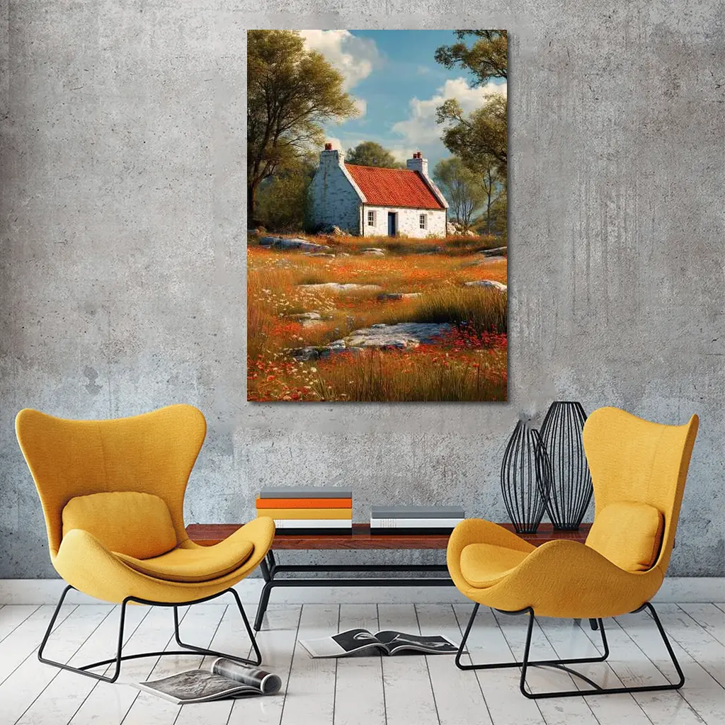 Stone Cottage Red Roof Wildflower Meadow – Wall Art