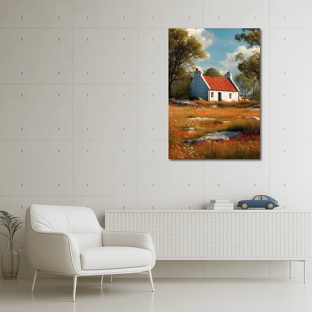 Stone Cottage Red Roof Wildflower Meadow – Wall Art