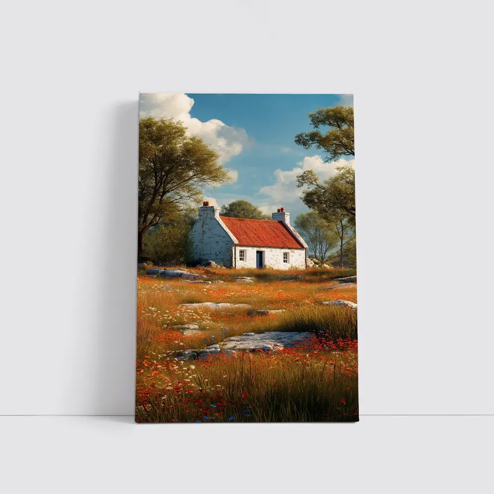 Stone Cottage Red Roof Wildflower Meadow – Wall Art