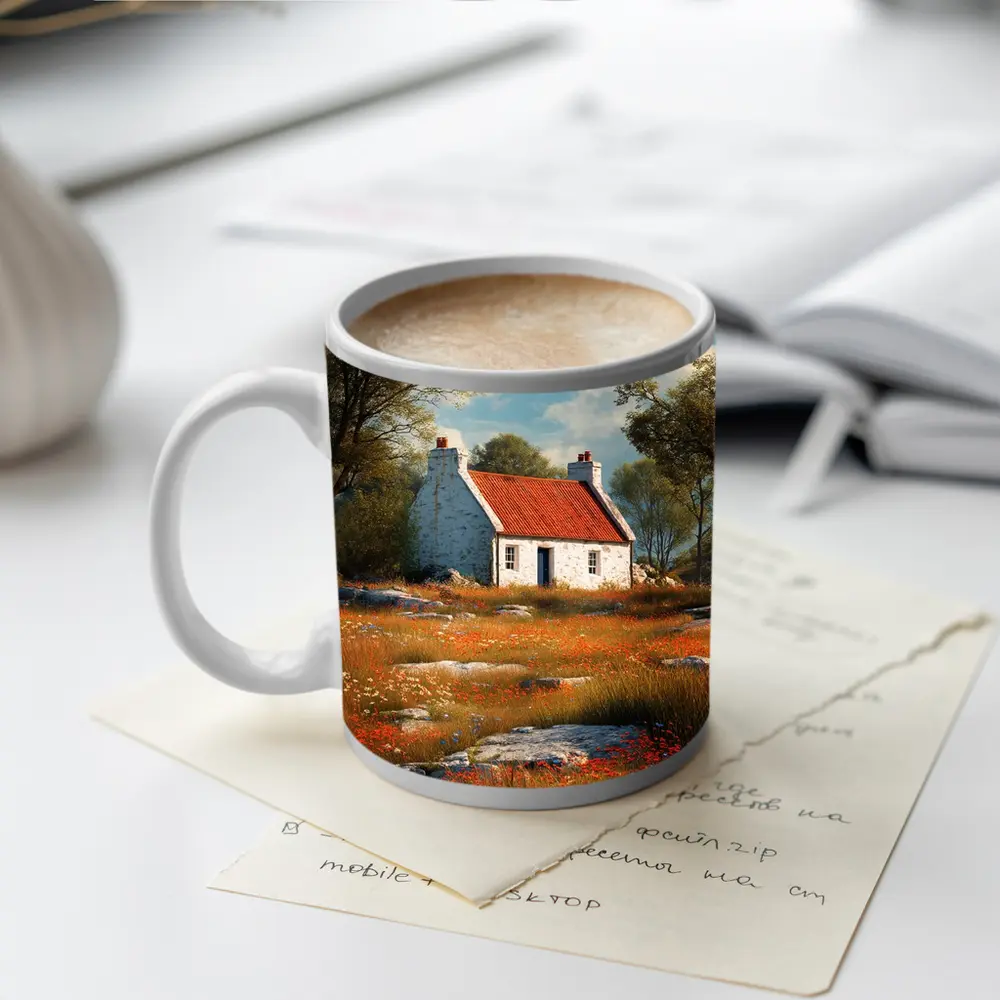 Stone Cottage Red Roof Wildflower Meadow – Mugs