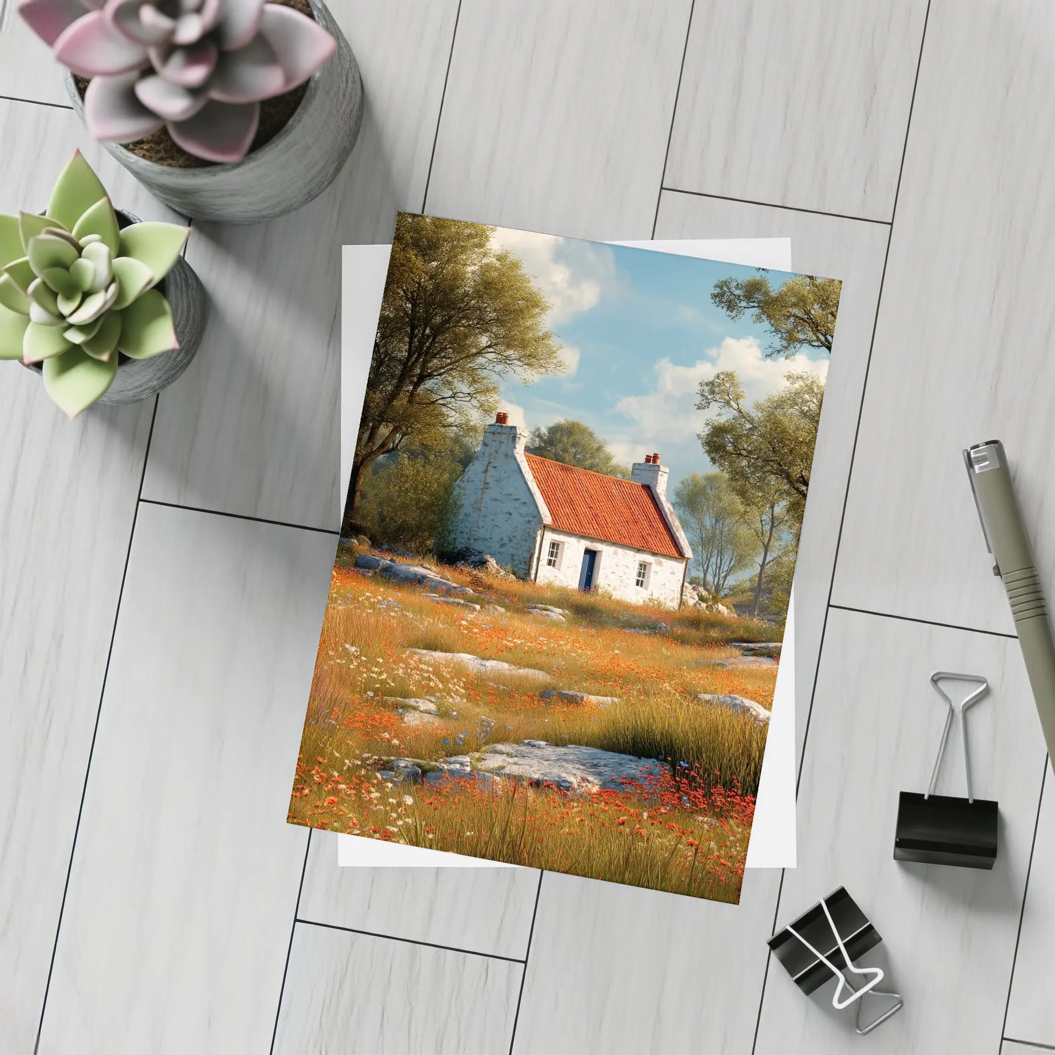 Stone Cottage Red Roof Wildflower Meadow – Postcards