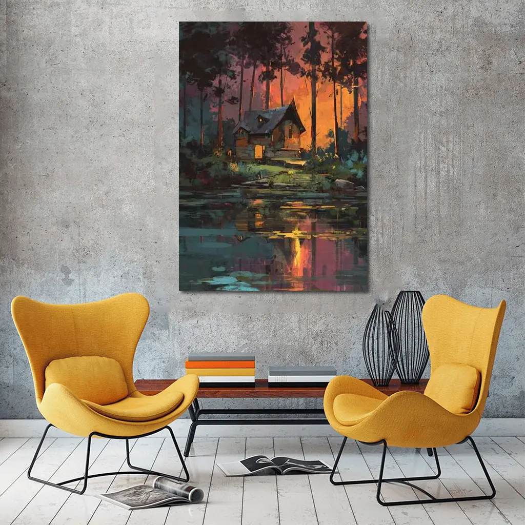 Forest Cabin By Lake At Sunset – Wall Art