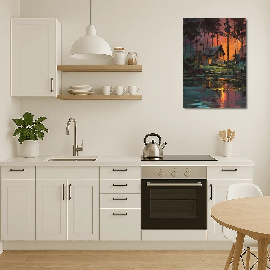 Forest Cabin By Lake At Sunset – Wall Art