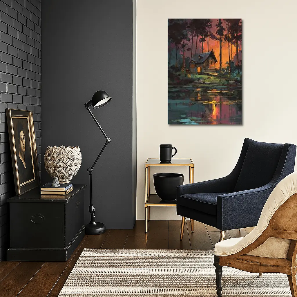 Forest Cabin By Lake At Sunset – Wall Art