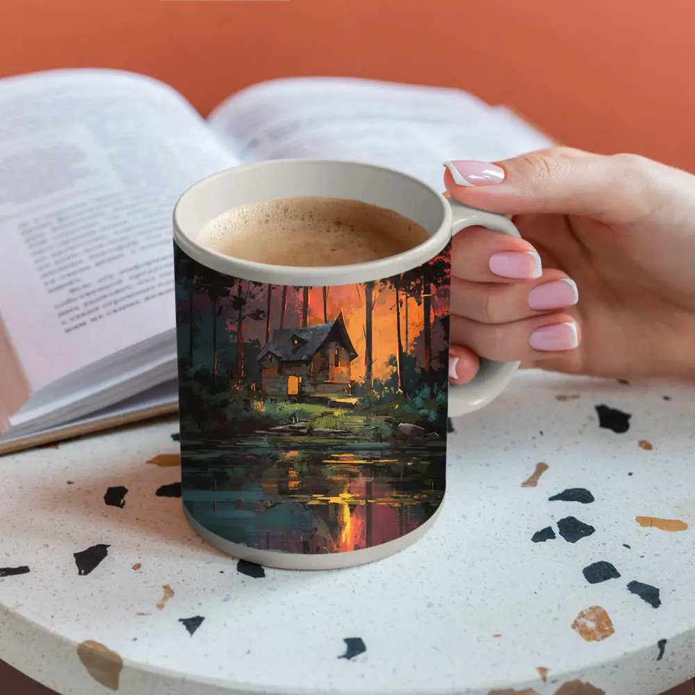 Forest Cabin By Lake At Sunset – Mugs