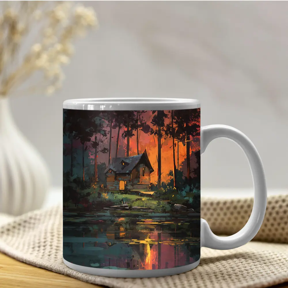 Forest Cabin By Lake At Sunset – Mugs