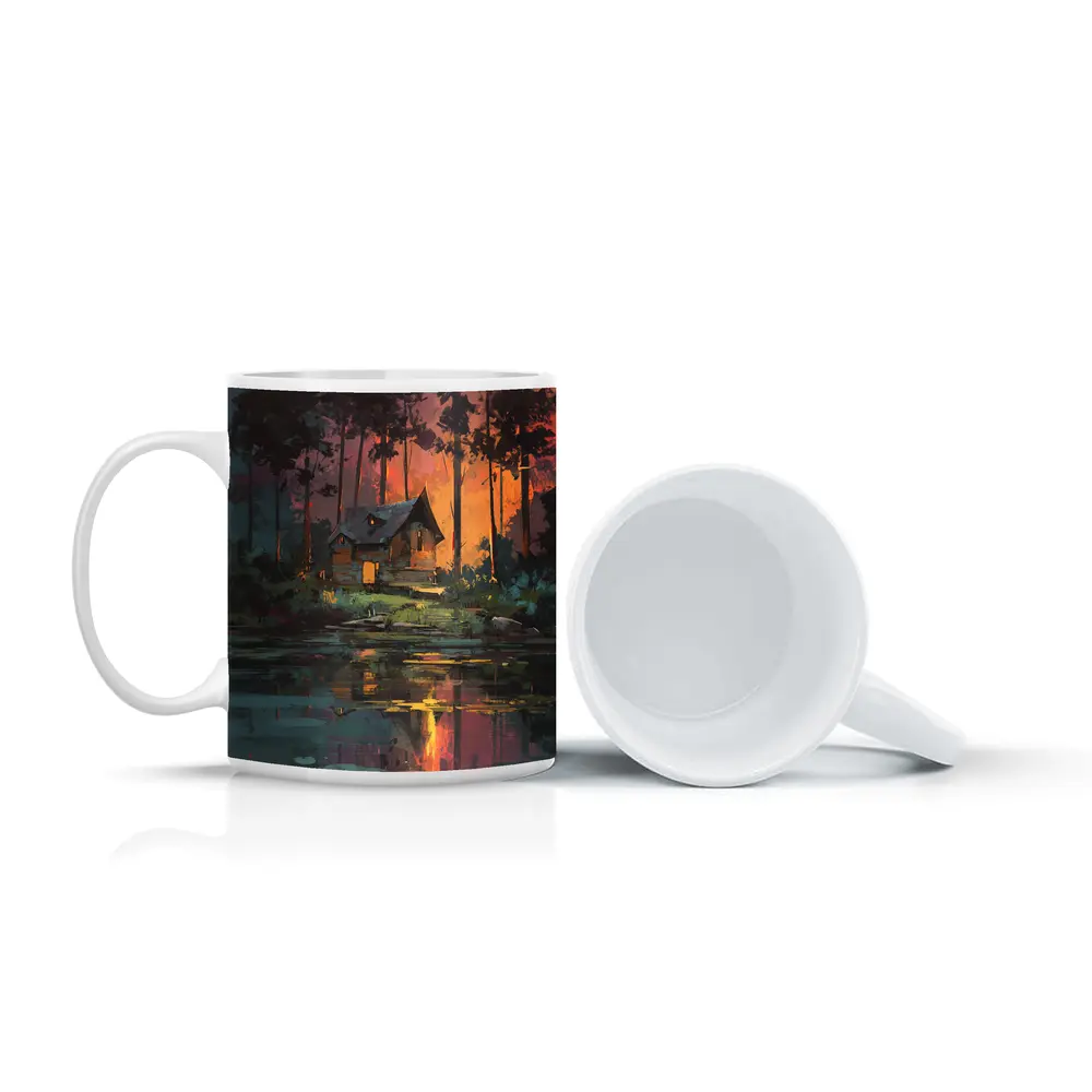 Forest Cabin By Lake At Sunset – Mugs