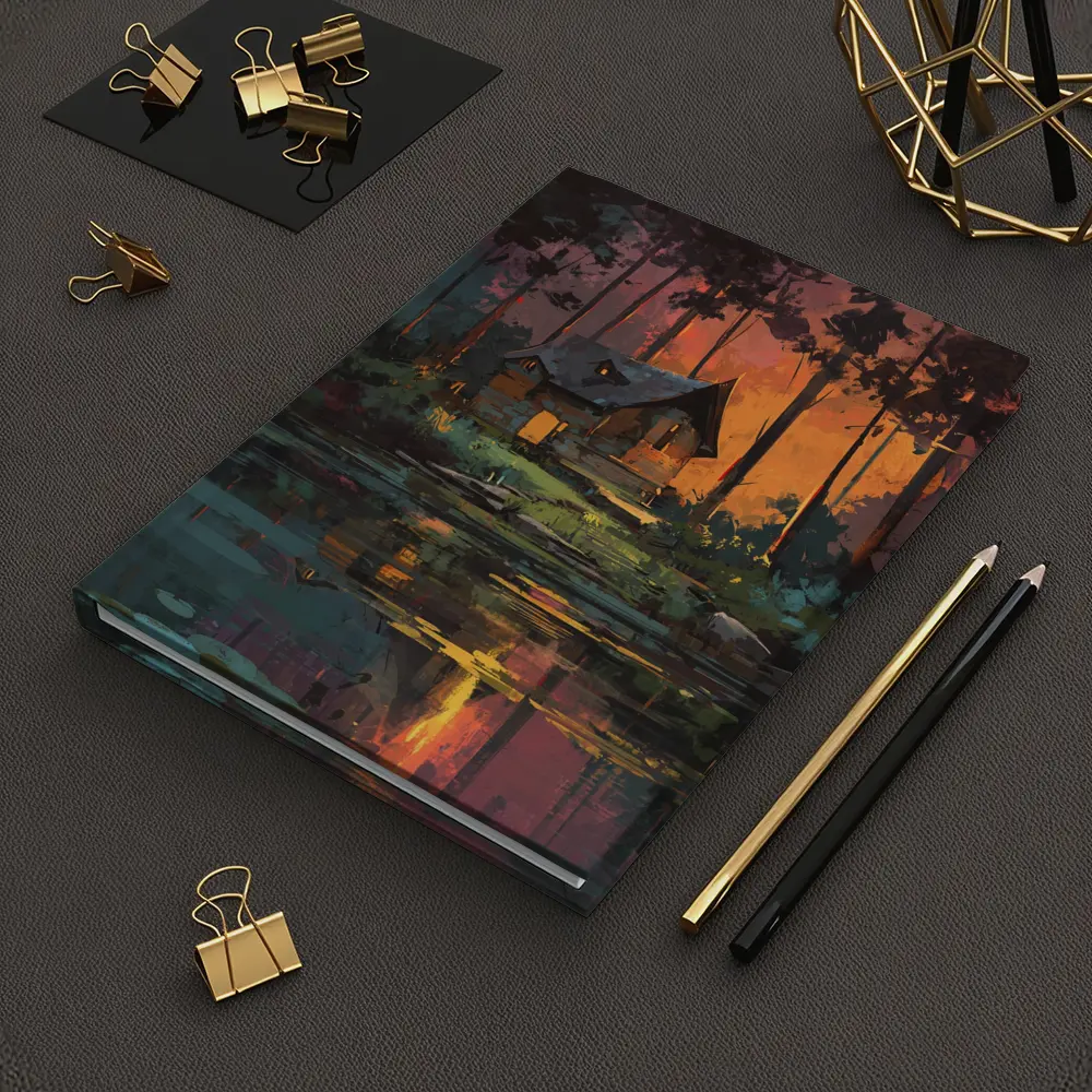 Forest Cabin By Lake At Sunset – Notebooks