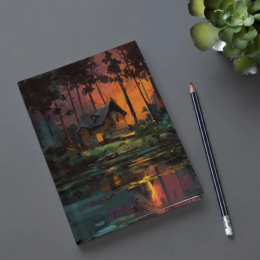 Forest Cabin By Lake At Sunset – Notebooks