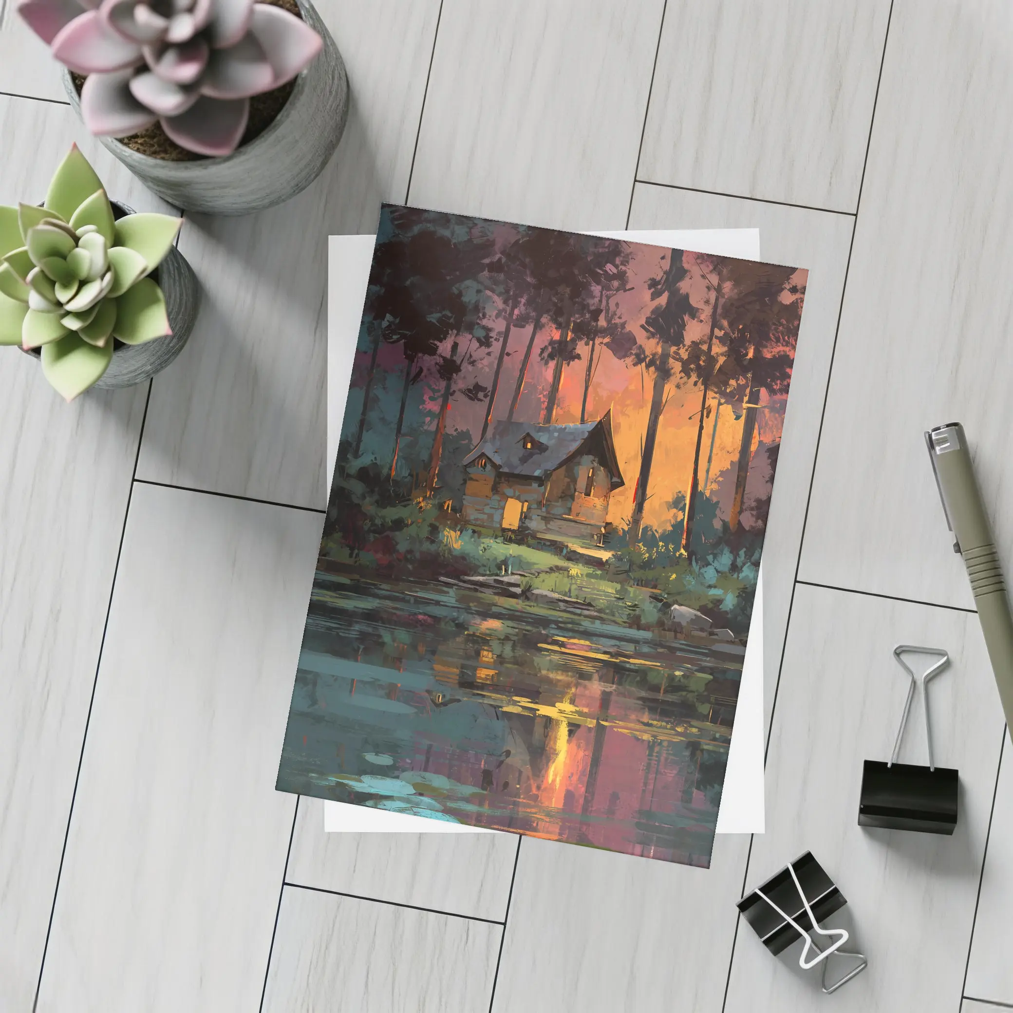 Forest Cabin By Lake At Sunset – Postcards