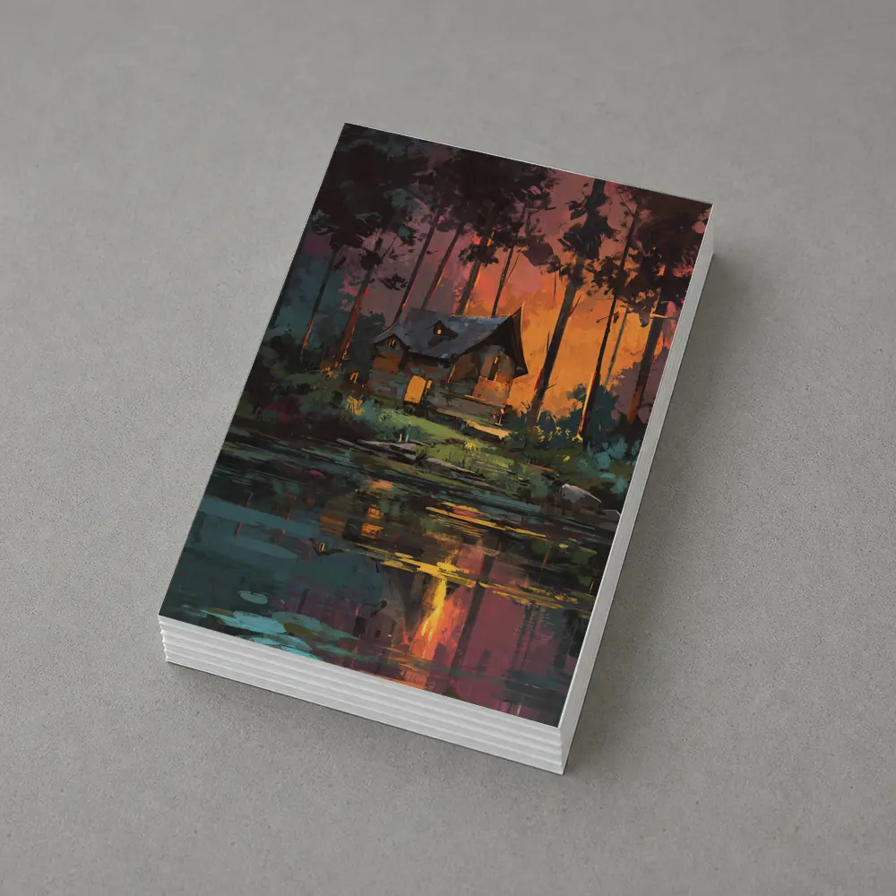 Forest Cabin By Lake At Sunset – Postcards