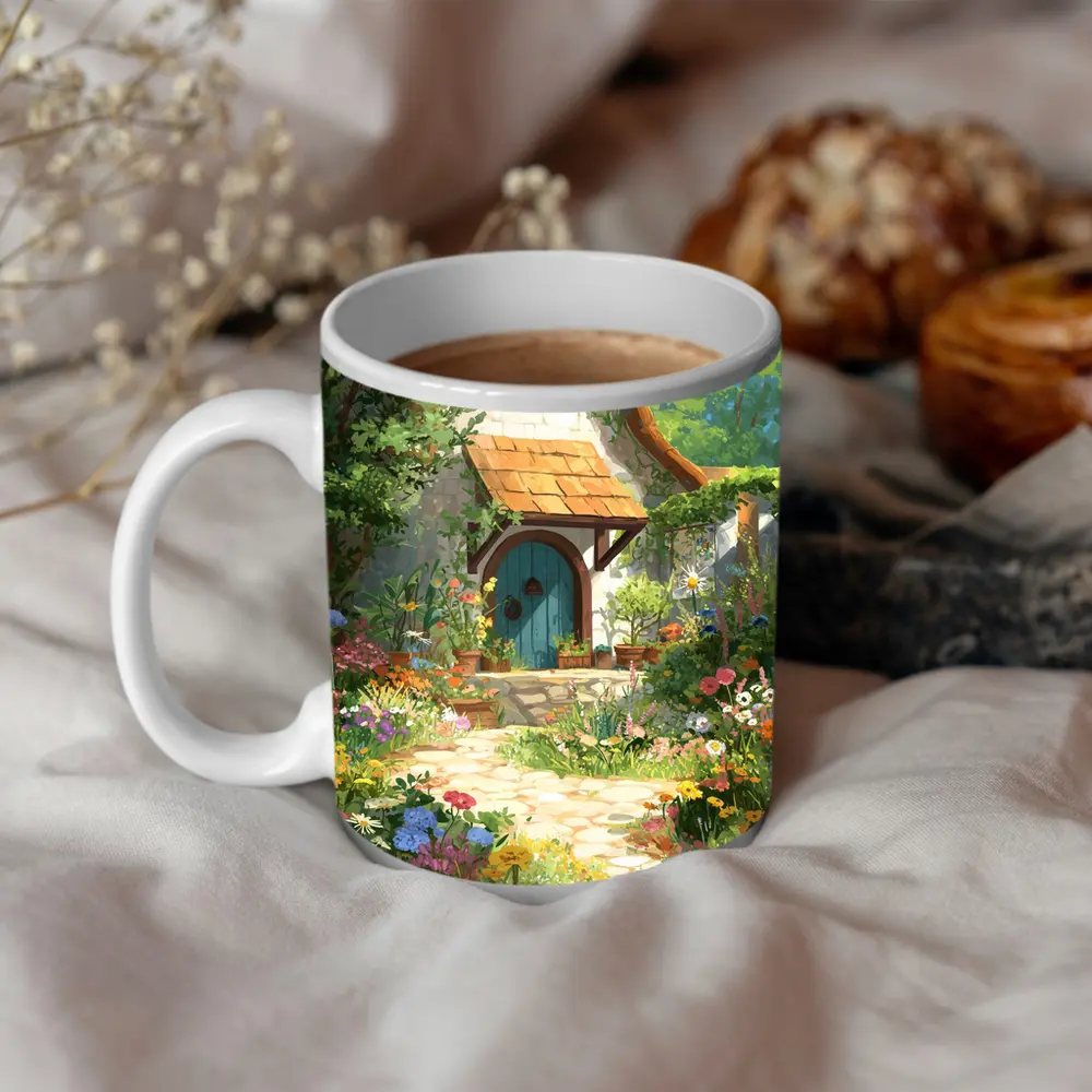 Cottagecore Stone Cottage Garden Floral Art – Mugs