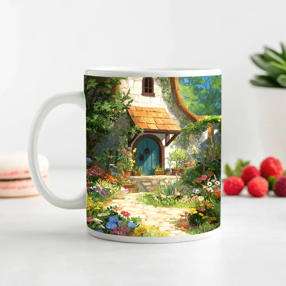 Cottagecore Stone Cottage Garden Floral Art – Mugs