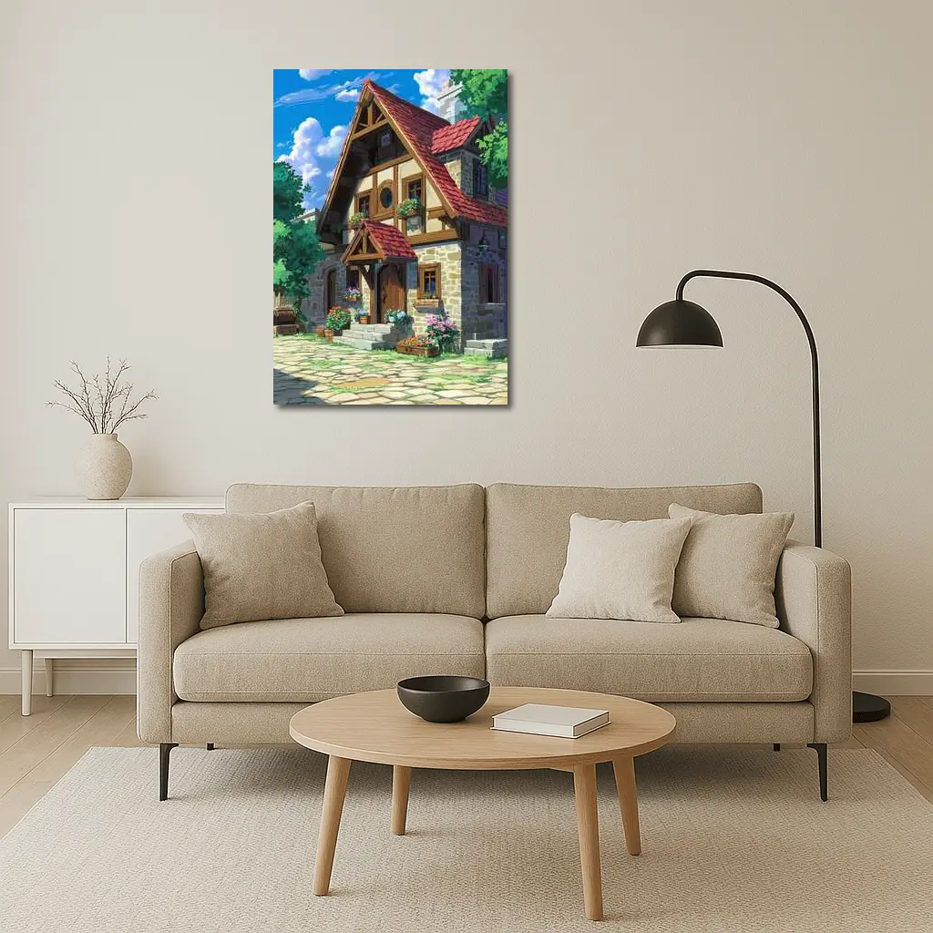 Anime Cottage Stone House Flowers Blue Sky – Wall Art