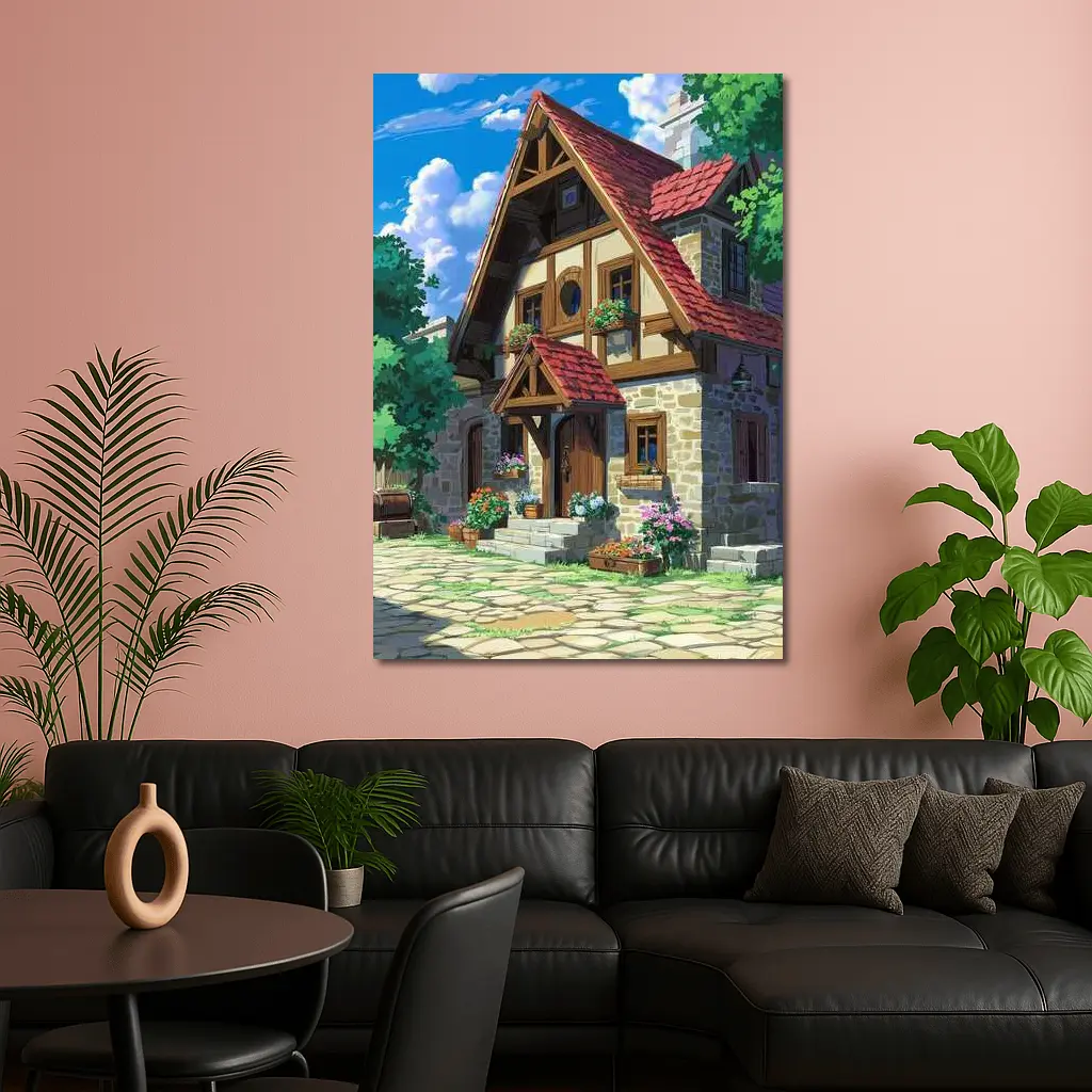 Anime Cottage Stone House Flowers Blue Sky – Wall Art