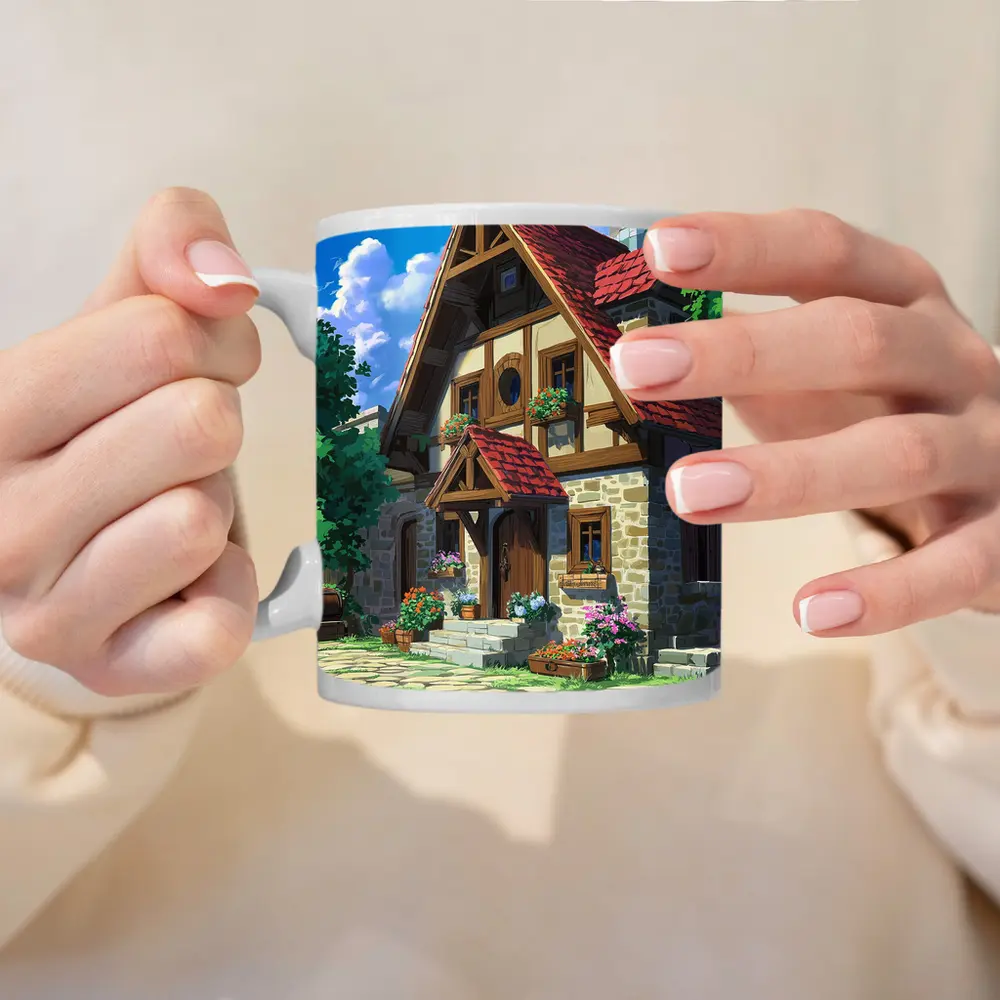 Anime Cottage Stone House Flowers Blue Sky – Mugs