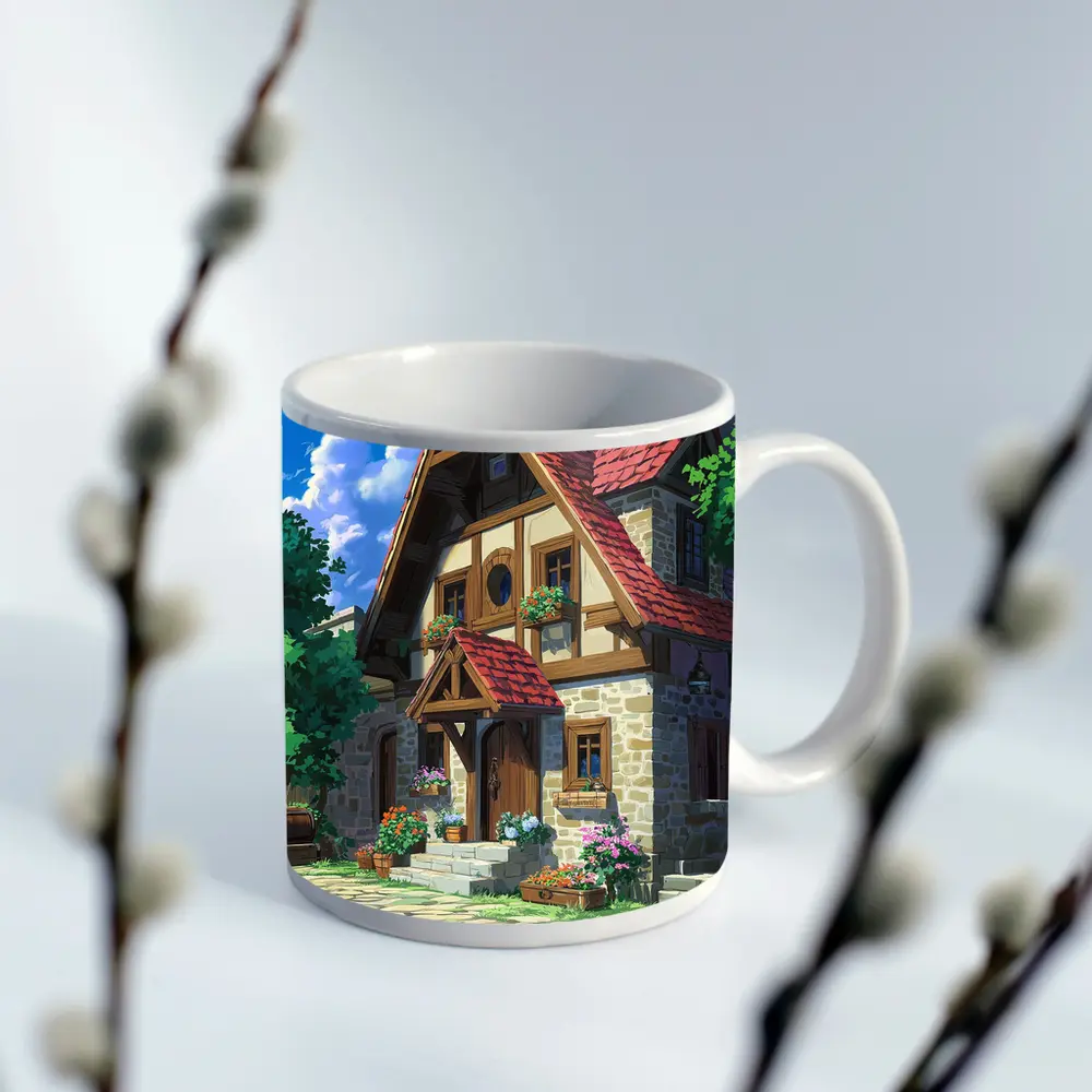 Anime Cottage Stone House Flowers Blue Sky – Mugs