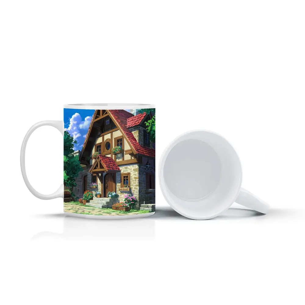 Anime Cottage Stone House Flowers Blue Sky – Mugs