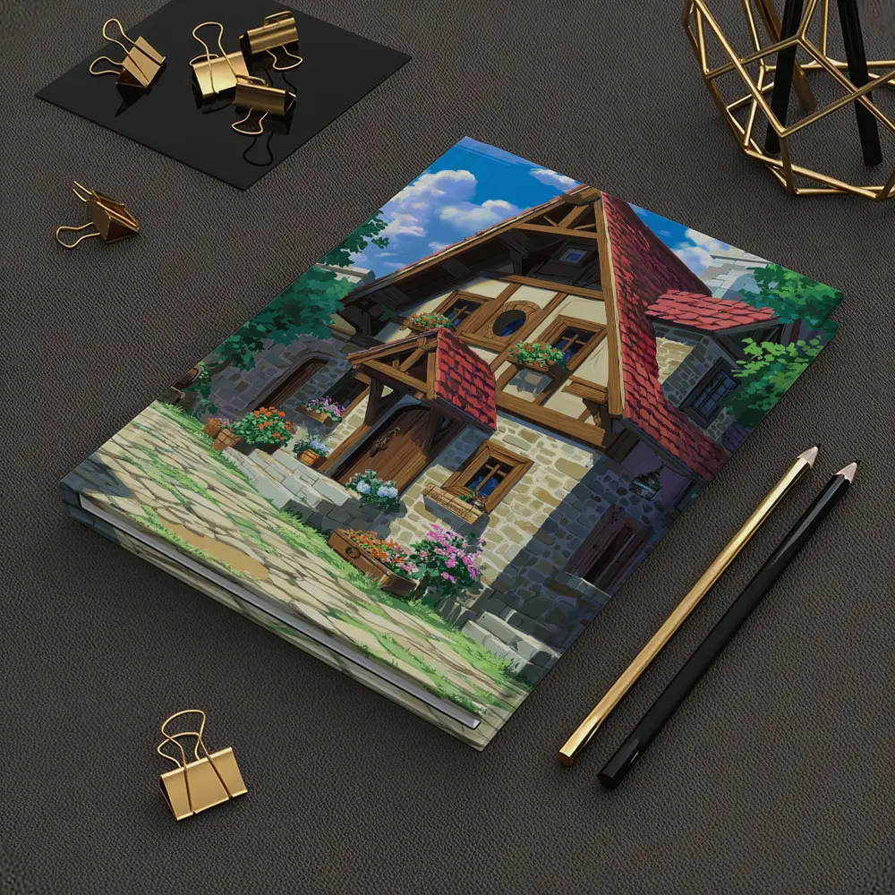 Anime Cottage Stone House Flowers Blue Sky – Notebooks