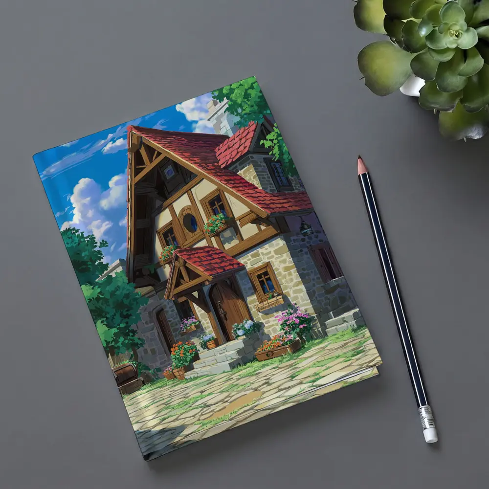 Anime Cottage Stone House Flowers Blue Sky – Notebooks