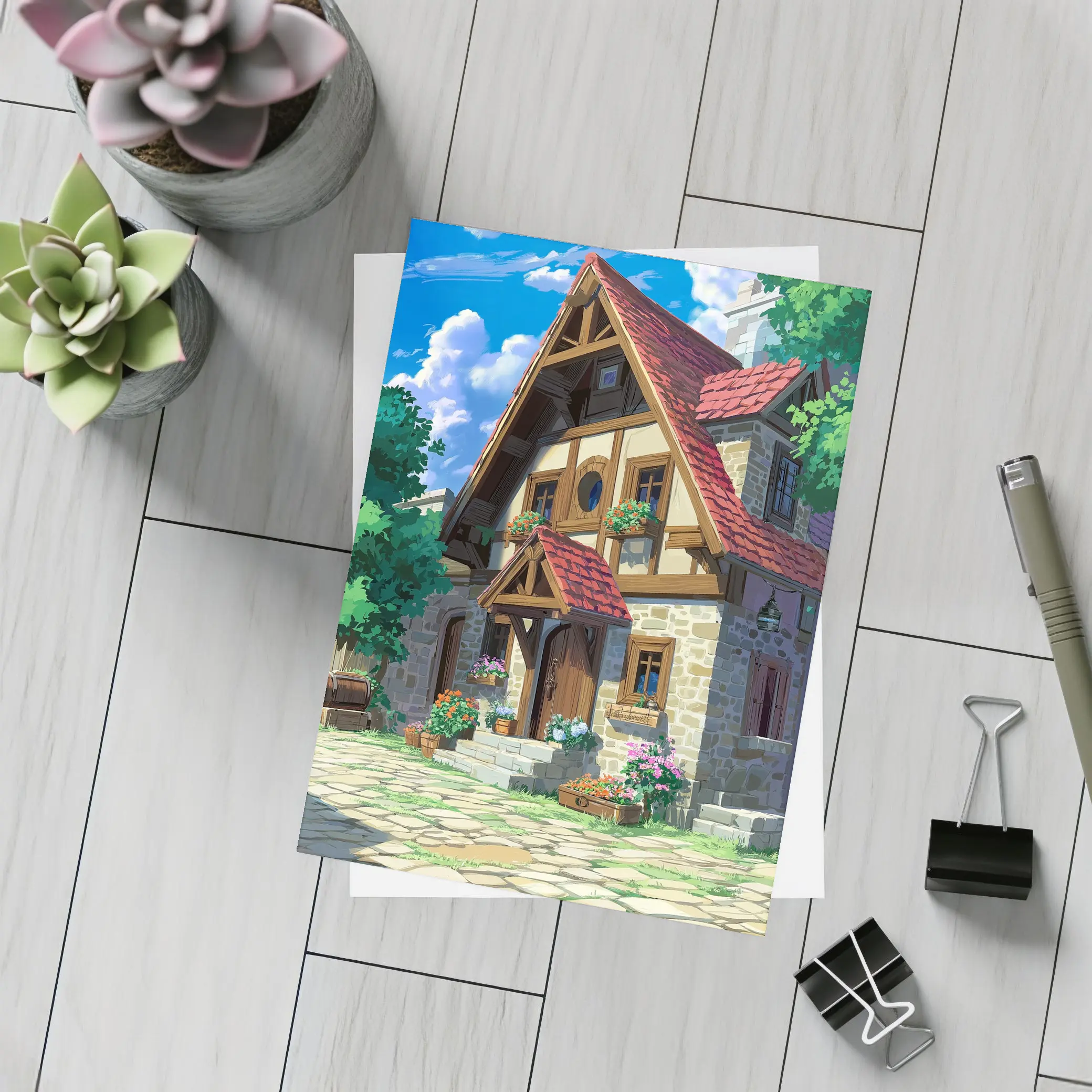Anime Cottage Stone House Flowers Blue Sky – Postcards