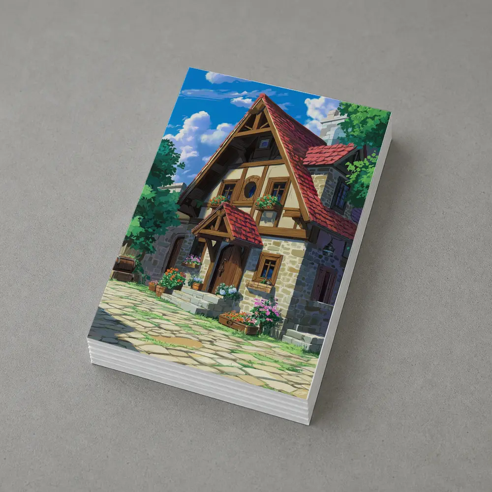 Anime Cottage Stone House Flowers Blue Sky – Postcards