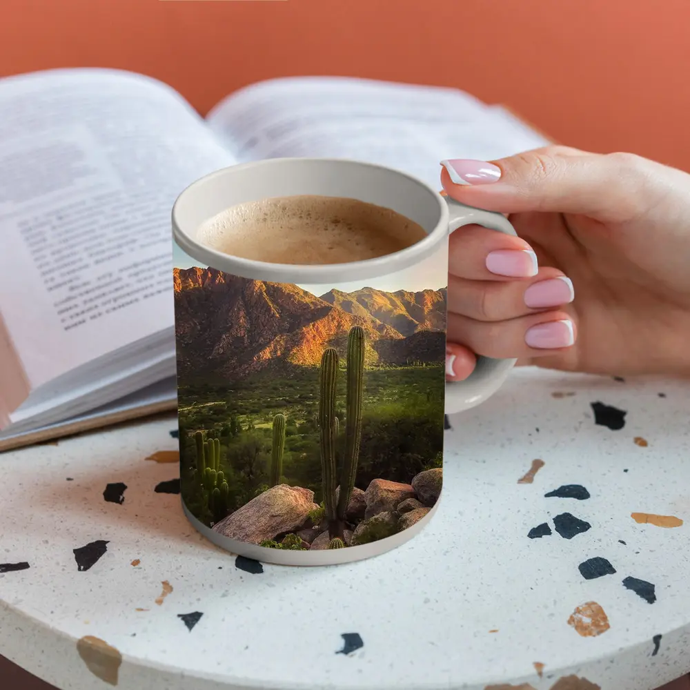 Saguaro Cactus Desert Mountains Golden Hour – Mugs