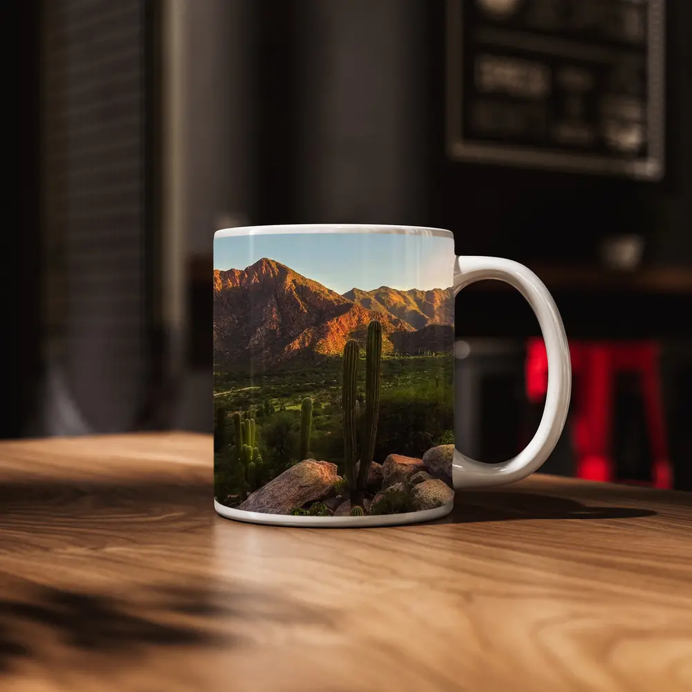 Saguaro Cactus Desert Mountains Golden Hour – Mugs