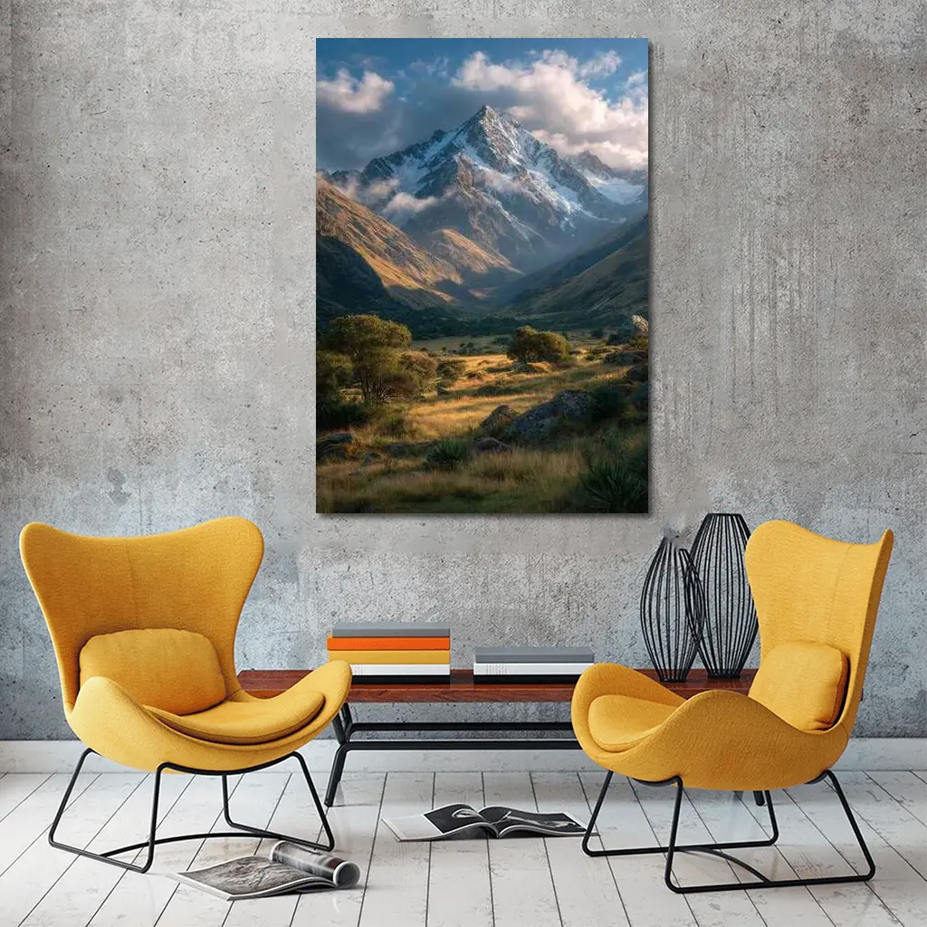 Snow Capped Mountain Valley Green Meadow – Wall Art