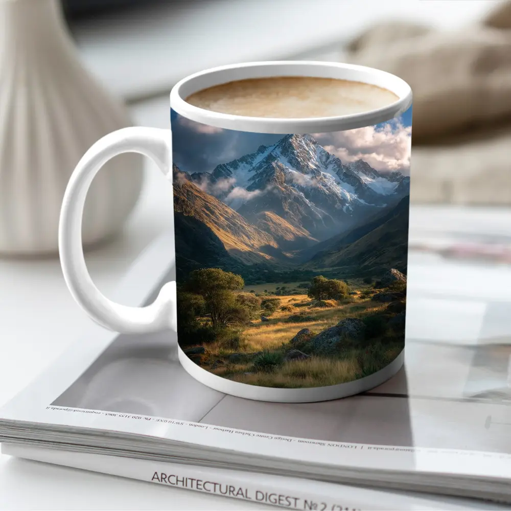 Snow Capped Mountain Valley Green Meadow – Mugs