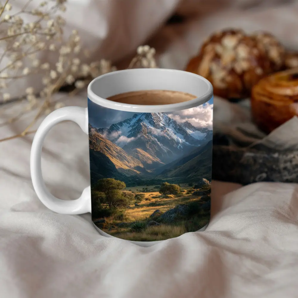 Snow Capped Mountain Valley Green Meadow – Mugs