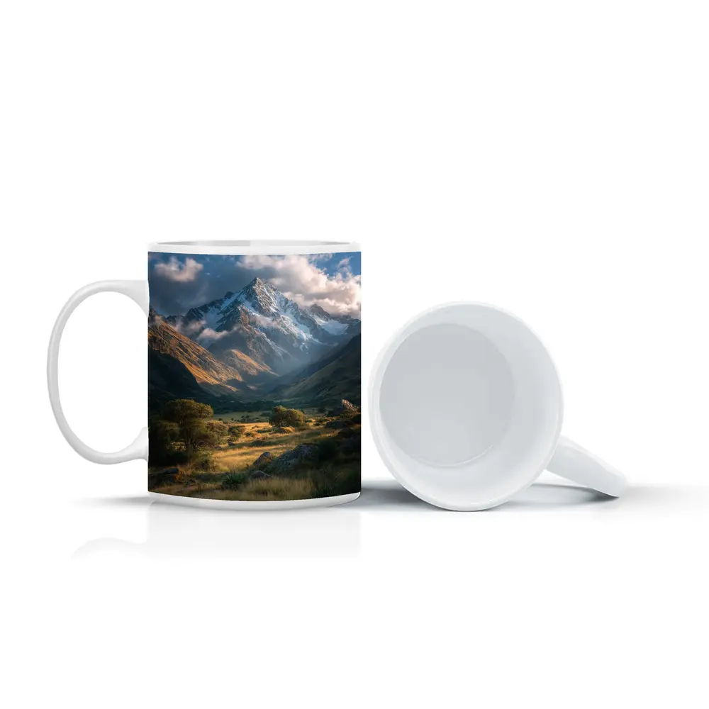 Snow Capped Mountain Valley Green Meadow – Mugs