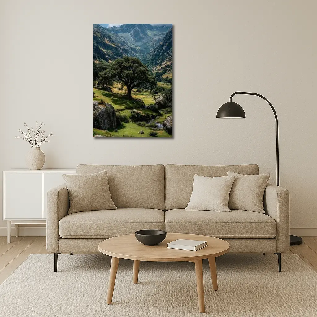 Lone Tree Green Valley Mountain Landscape – Wall Art