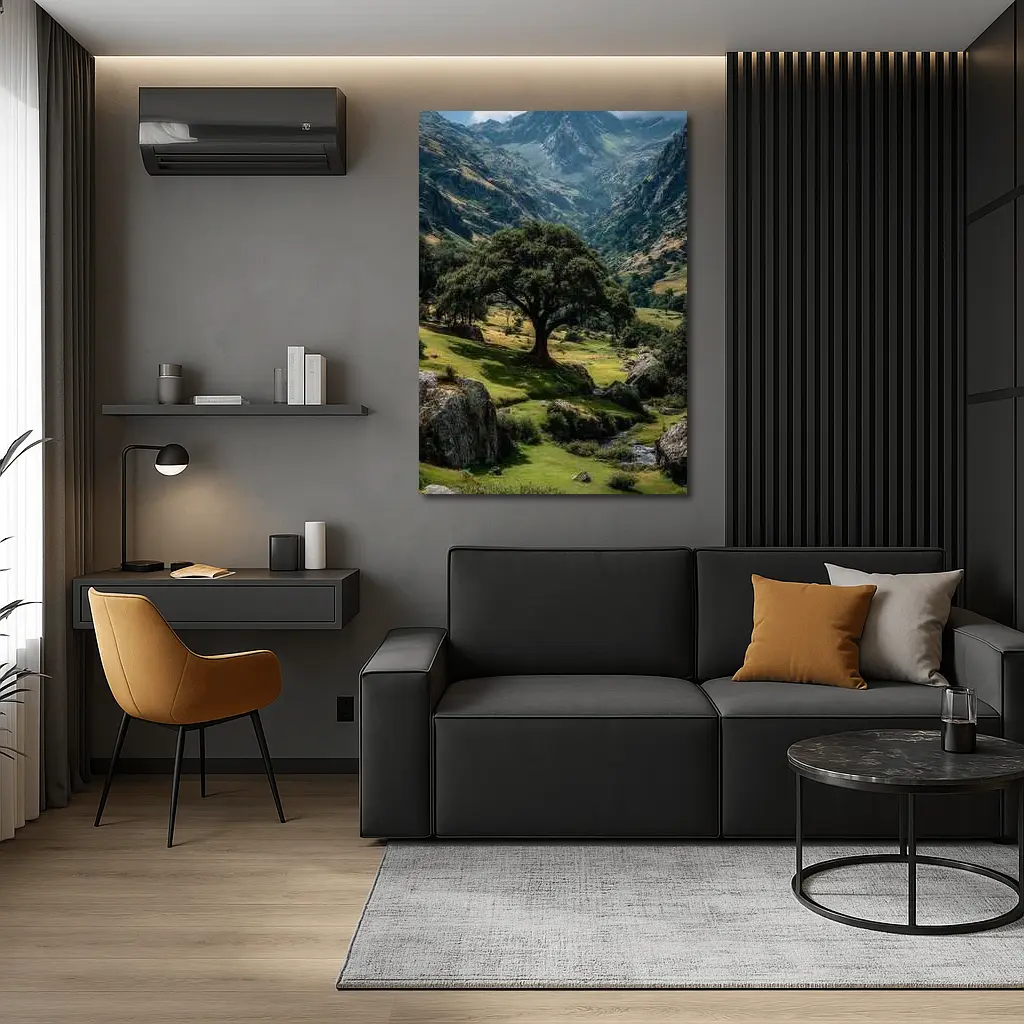 Lone Tree Green Valley Mountain Landscape – Wall Art