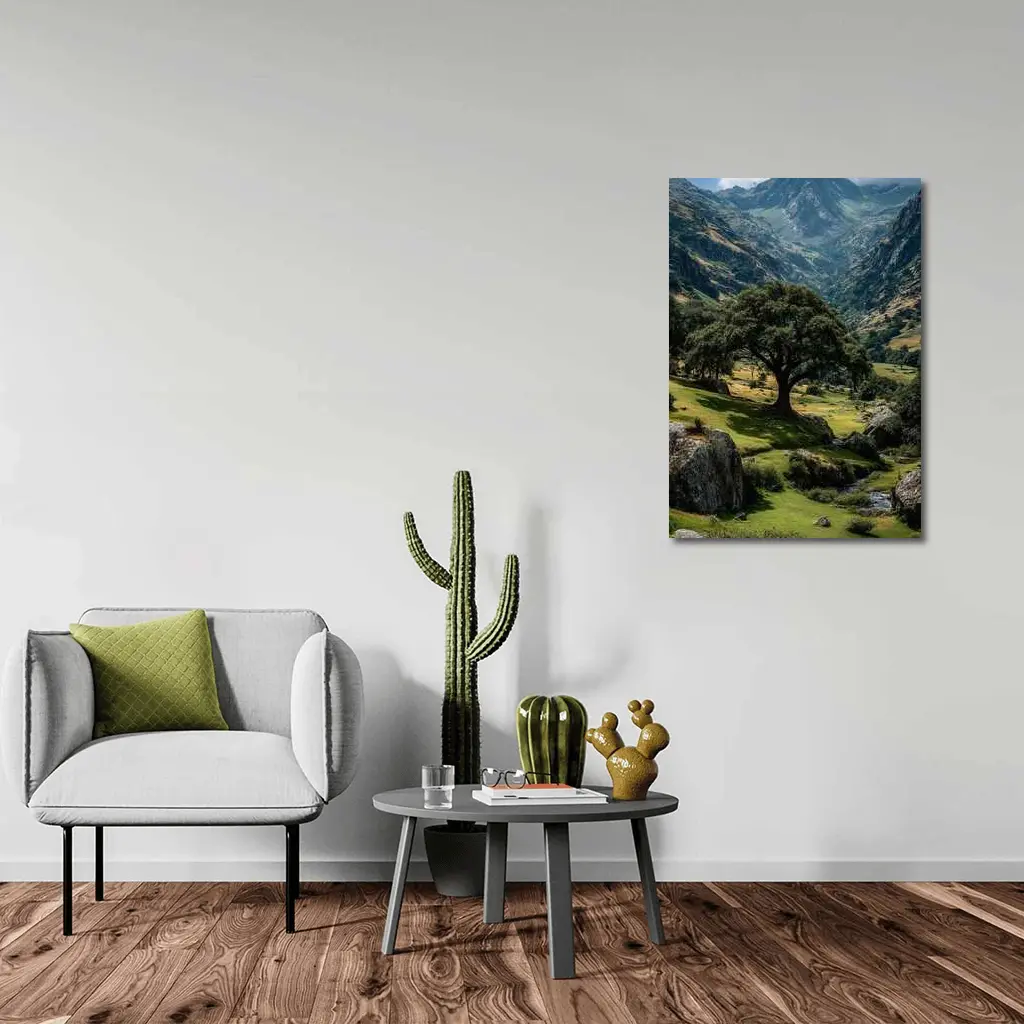 Lone Tree Green Valley Mountain Landscape – Wall Art