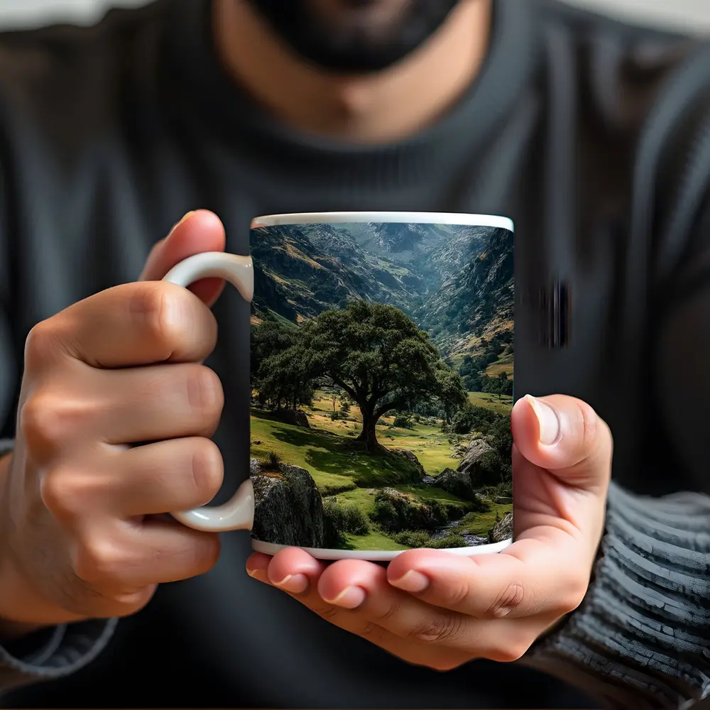 Lone Tree Green Valley Mountain Landscape – Mugs