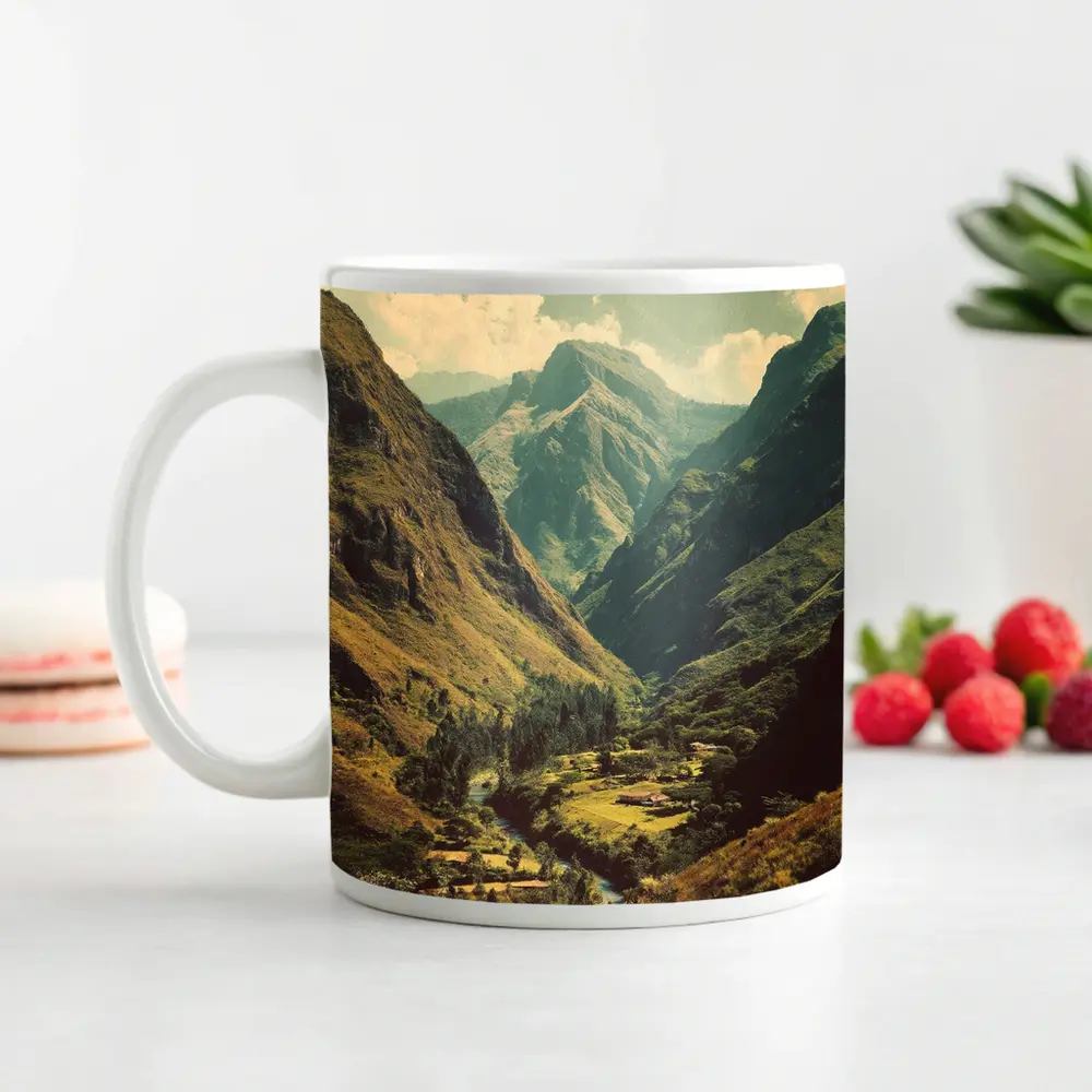 Green Mountain Valley River Landscape Art – Mugs