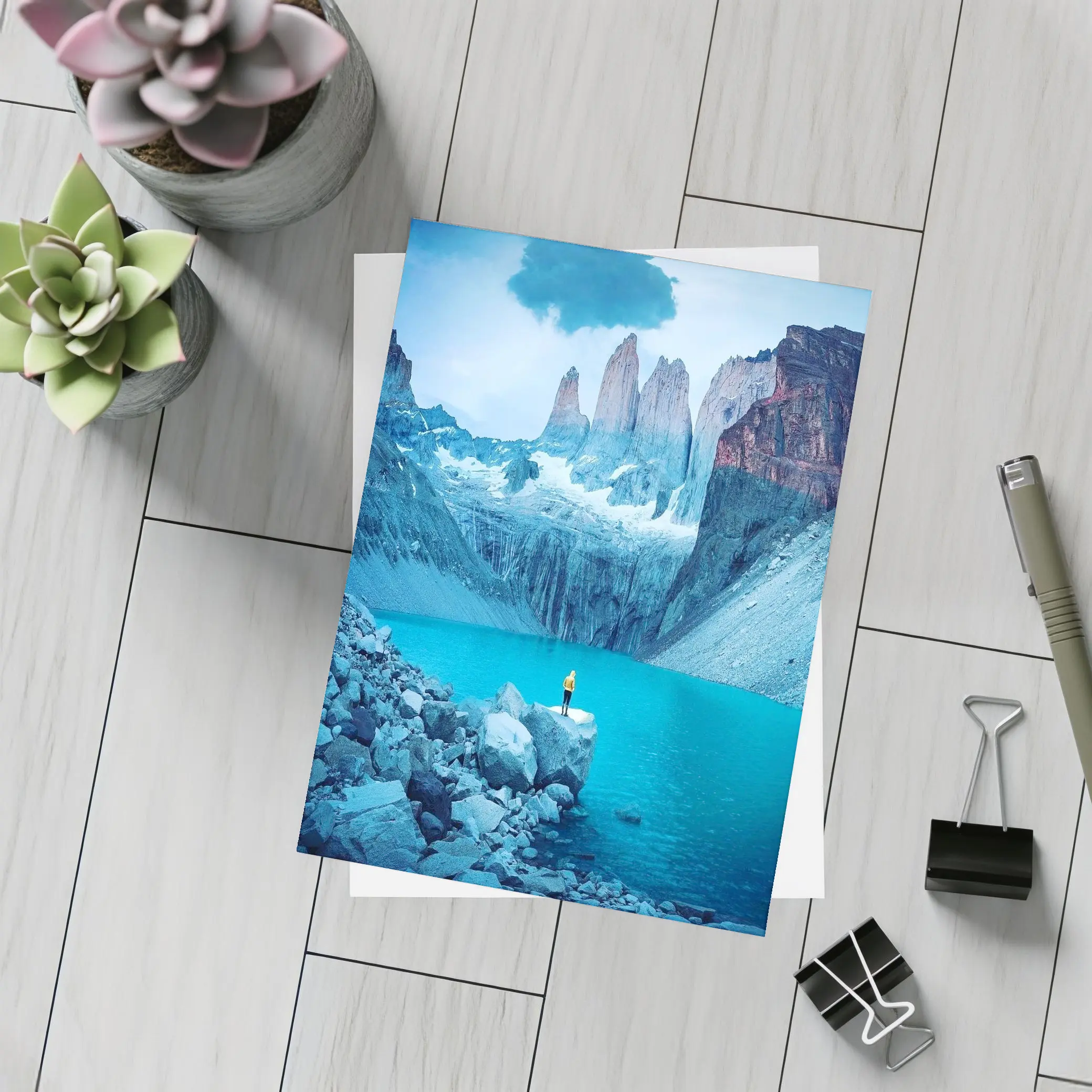 Lone Hiker Torres del Paine Blue Lake – Postcards