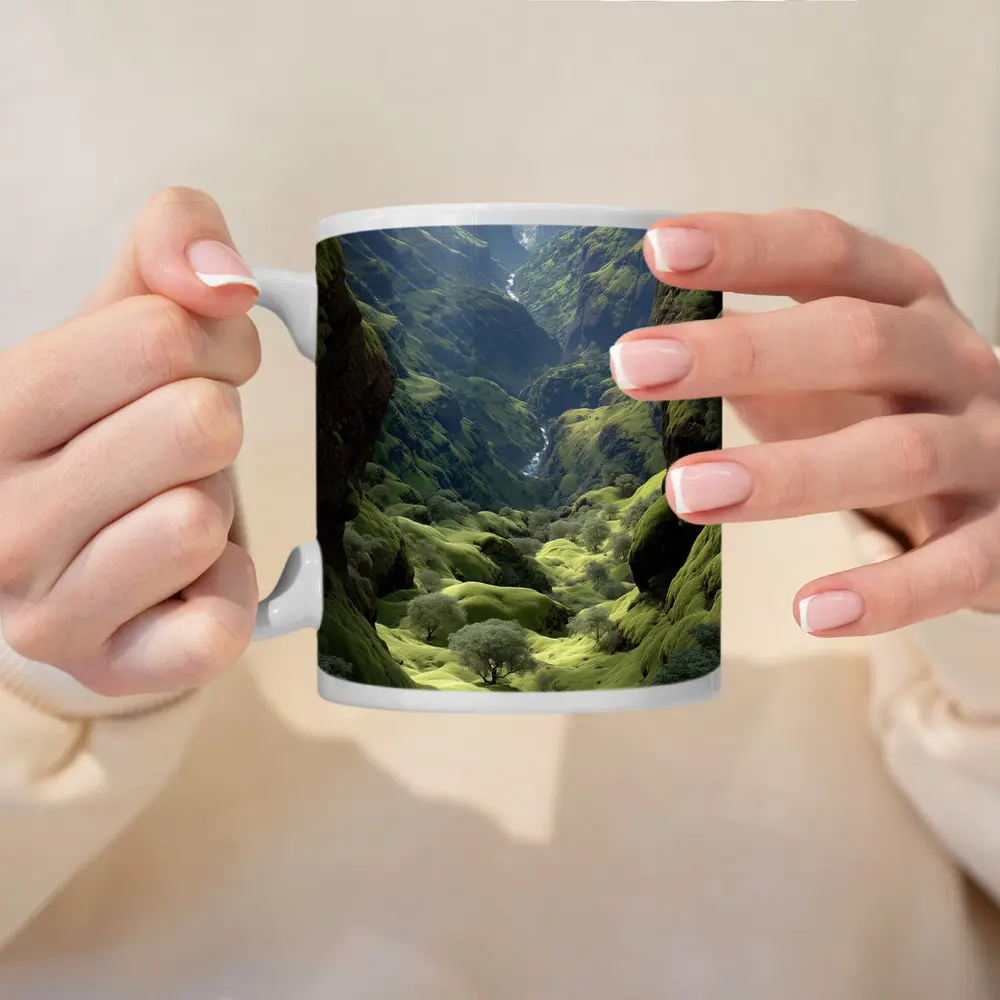 Green Canyon Valley With Mossy Rocky Walls – Mugs