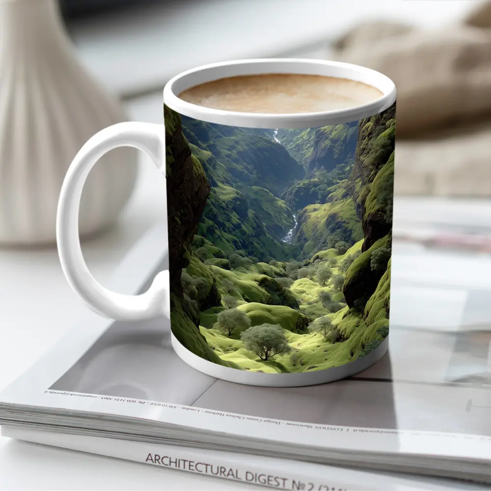 Green Canyon Valley With Mossy Rocky Walls – Mugs