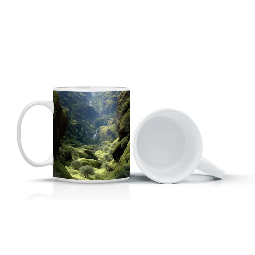 Green Canyon Valley With Mossy Rocky Walls – Mugs